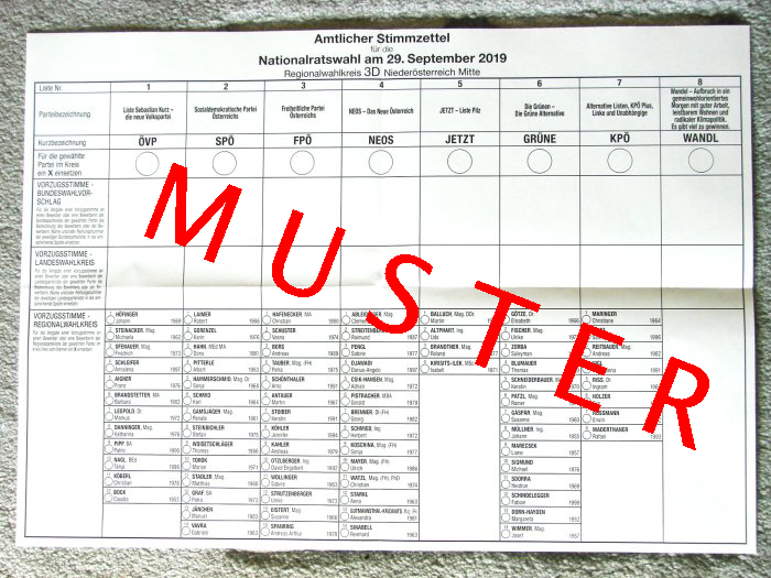 Stimmzettel zur Nationalratswahl 2019 in Österreich